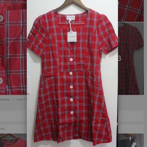 NWT Square Neckline Red Retro Vintage Plaid 100%cotton Mini Dress. - Picture 4 of 9